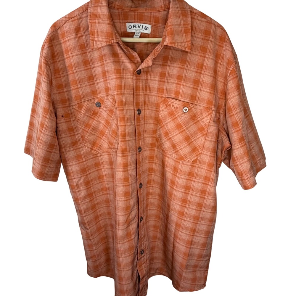 Orvis Mens SS Plaid Button Down Shirt Orange‎ Large Classic Collection 020